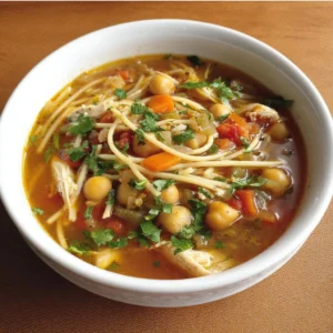 Bowl of Chickpea Chicken-Noodle Soup filled with noodles and chickpeas