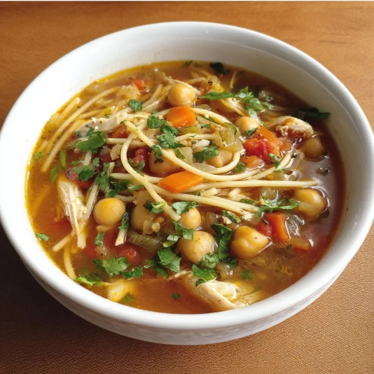 Bowl of Chickpea Chicken-Noodle Soup filled with noodles and chickpeas