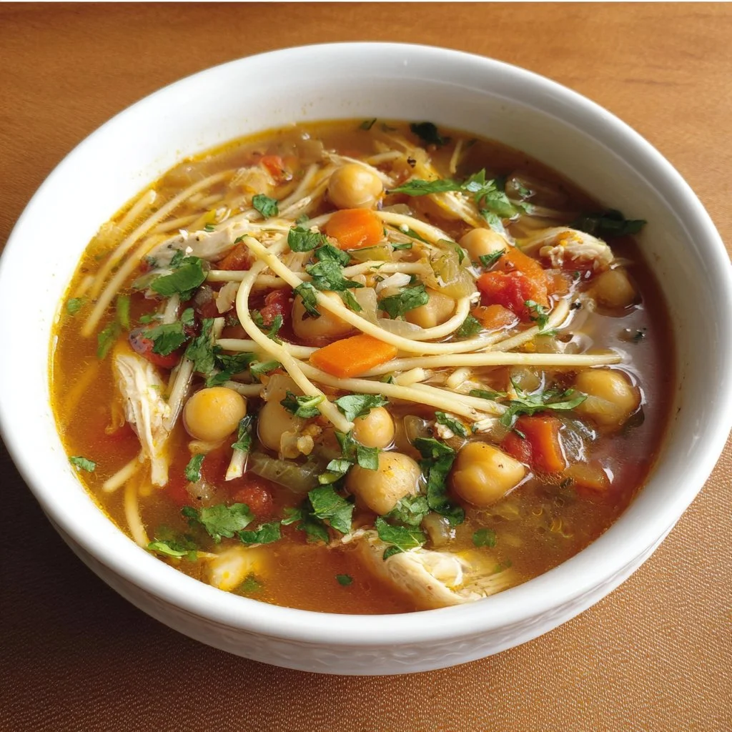 Bowl of Chickpea Chicken-Noodle Soup filled with noodles and chickpeas