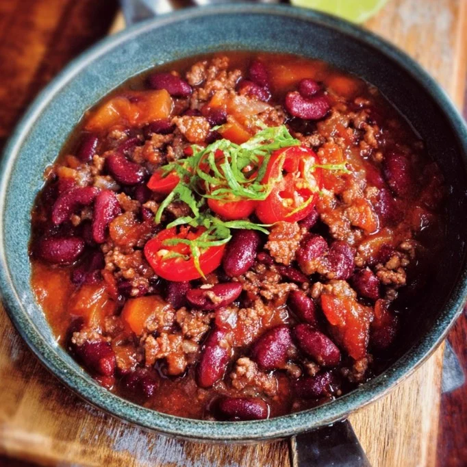 Delicious bowl of Chili with Meat garnished with fresh herbs