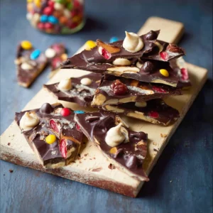 Delicious homemade chocolate bark topped with nuts and fruits.