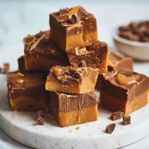 Delicious chocolate caramel fudge squares drizzled with caramel sauce.