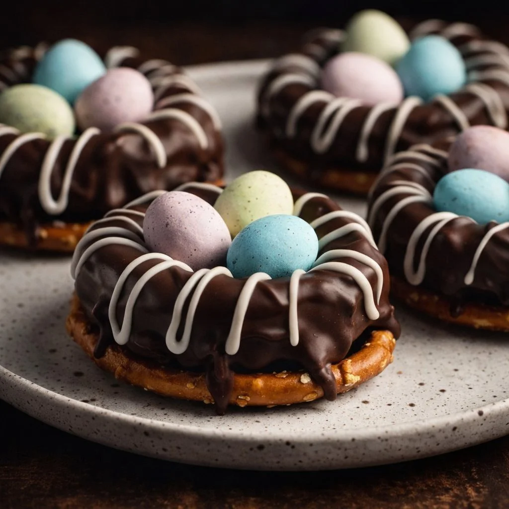 Delicious chocolate-covered pretzel nests topped with colorful candies.