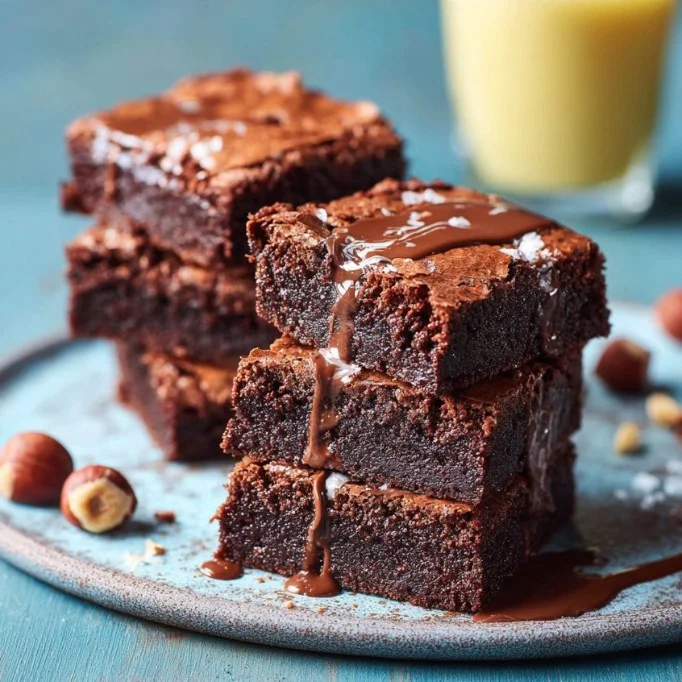 Deliciously rich Chocolate Hazelnut Brownies topped with hazelnuts