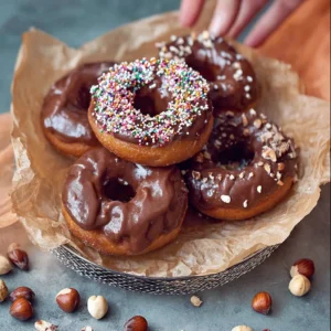 Delicious Chocolate Hazelnut Doughnuts with a rich chocolate glaze and hazelnut topping