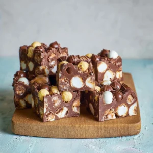 Chocolate Malt Ball Rocky Road dessert with malt balls and chocolate