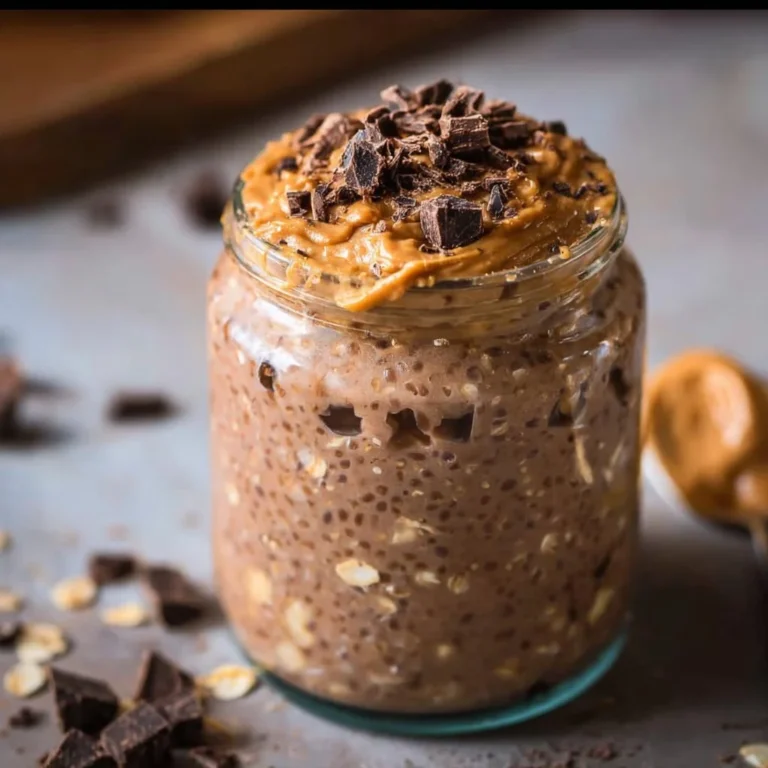 Bowl of Chocolate Peanut Butter Overnight Oats topped with banana slices and chocolate chips