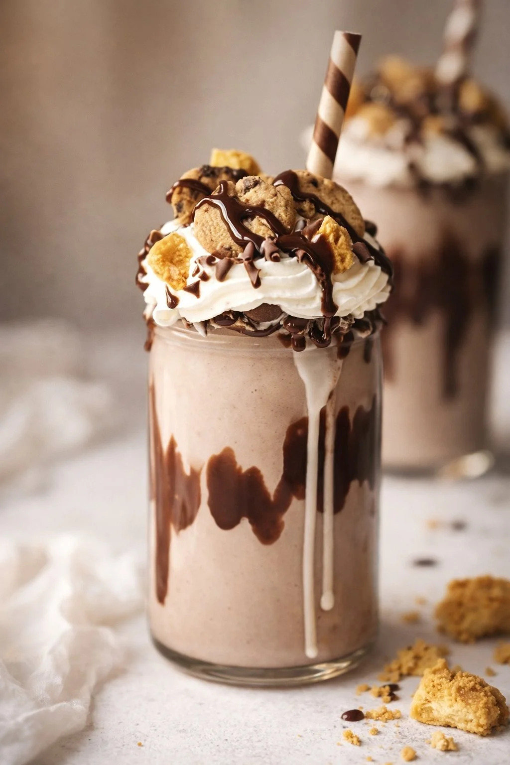 Creamy cookie dough milkshake topped with cookie pieces and whipped cream
