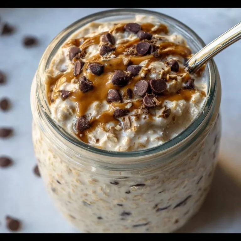 Delicious cookie dough overnight oats in a jar topped with chocolate chips.