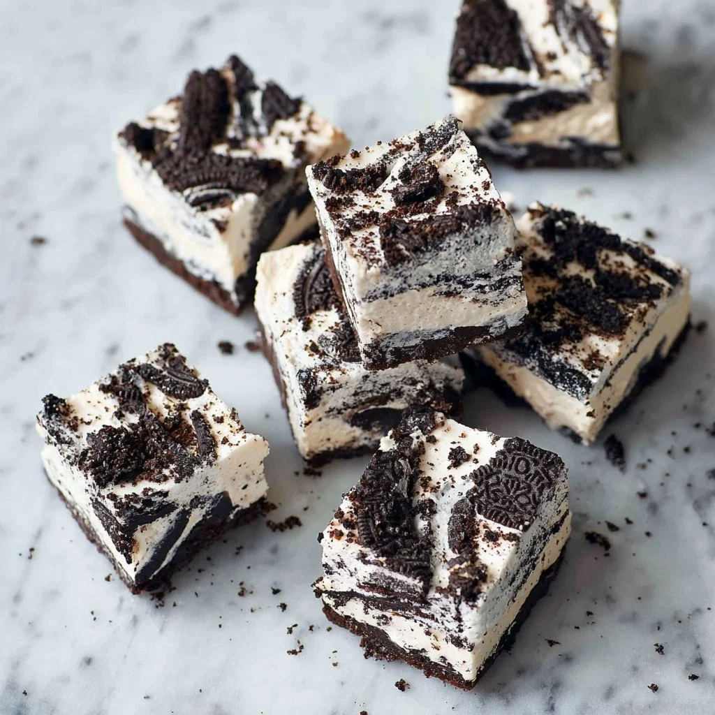 Cookies and Cream Marshmallow Bars featuring chocolate cookies and marshmallows