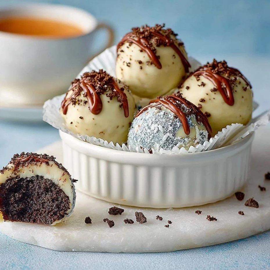 Home Delicious homemade Cookies and Cream Truffles made with chocolate and cookie bits.