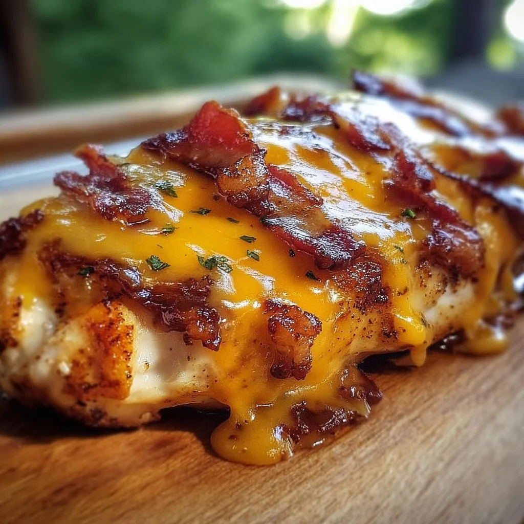 Delicious Cowboy BBQ Bacon Cheddar Chicken topped with BBQ sauce, bacon, and cheese