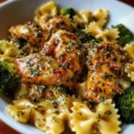 Cowboy Butter Lemon Bowtie Chicken with Broccoli served on a plate