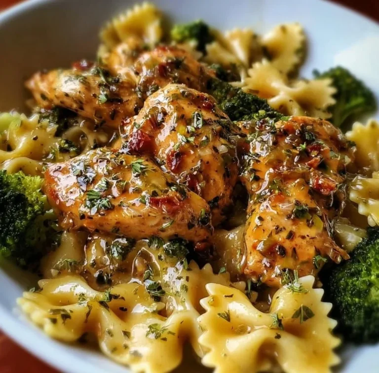 Cowboy Butter Lemon Bowtie Chicken with Broccoli served on a plate