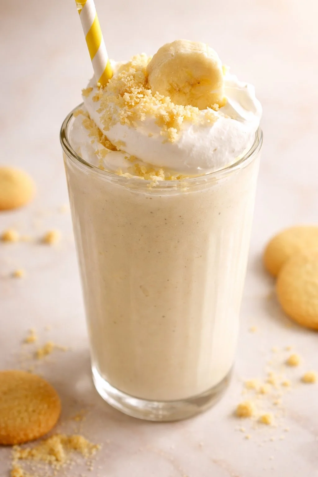 Creamy banana pie milkshake topped with whipped cream and banana slices