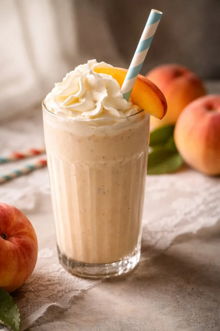 Delicious creamy peach milkshake topped with whipped cream and peach slices