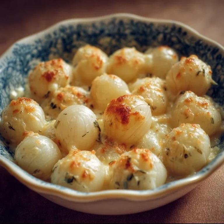 Creamed pearl onions served in a white bowl garnished with herbs