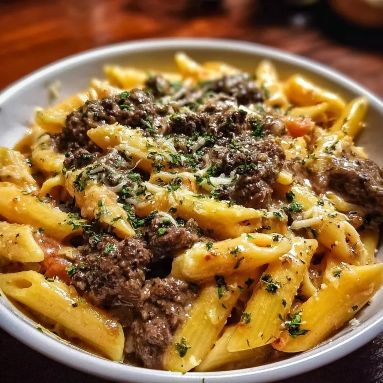 Creamy beef pasta dish with herbs and cheese