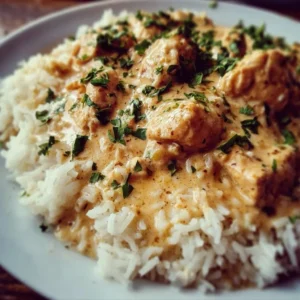 Creamy Chicken and Rice dish topped with herbs and served in a bowl