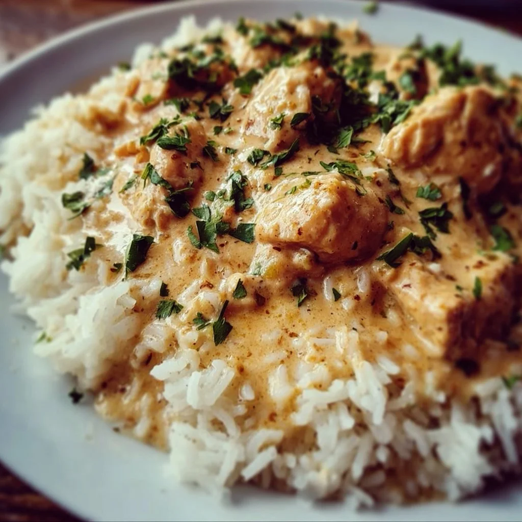 Creamy Chicken and Rice dish topped with herbs and served in a bowl