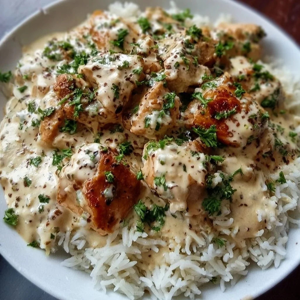 Creamy chicken and rice dish served in a bowl, garnished with herbs