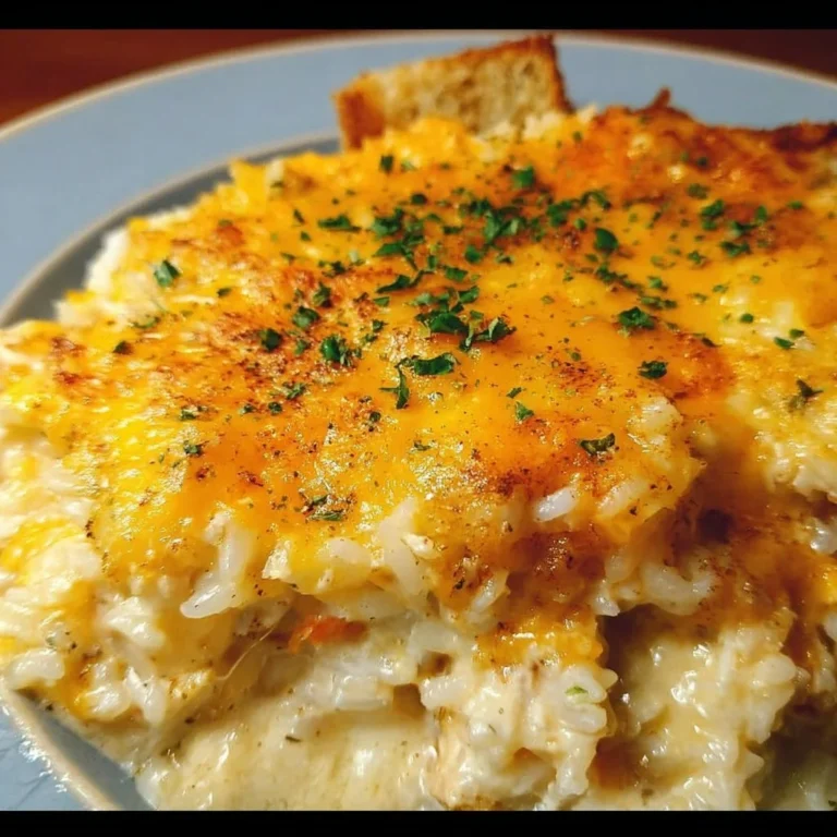 Creamy chicken and rice casserole in a baking dish with fresh herbs