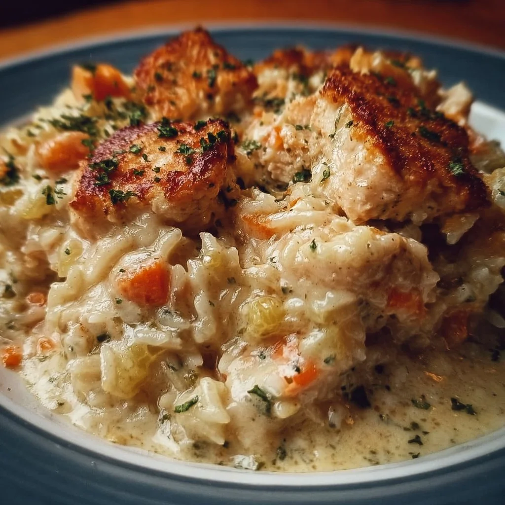 Creamy chicken and rice casserole topped with herbs and spices