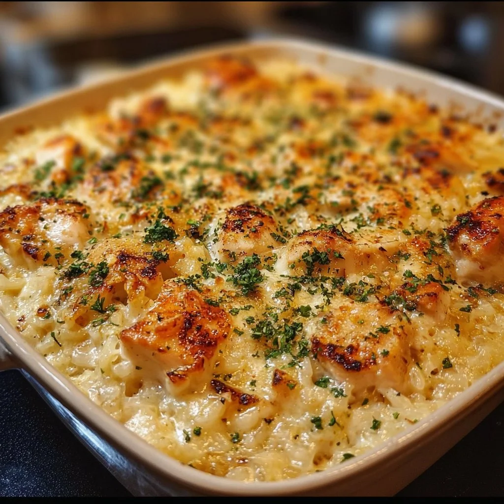 Creamy chicken rice bake dish ready to serve, garnished with herbs.