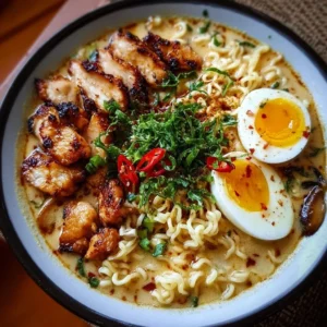 Creamy Garlic Chicken Ramen Bowl of creamy garlic chicken ramen topped with green onions and sesame seeds