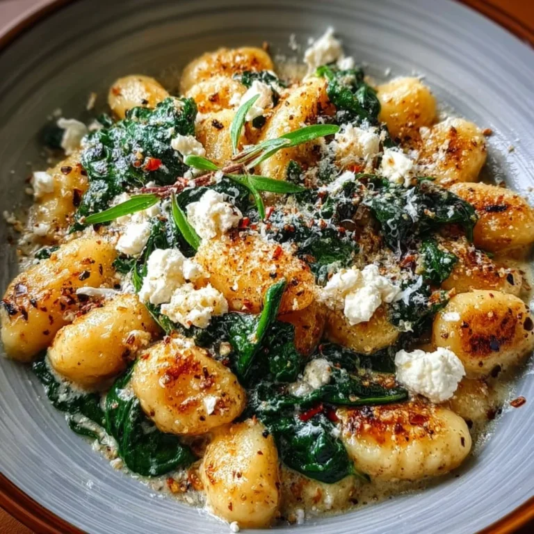 Creamy gnocchi dish with spinach and feta topped with herbs and cheese