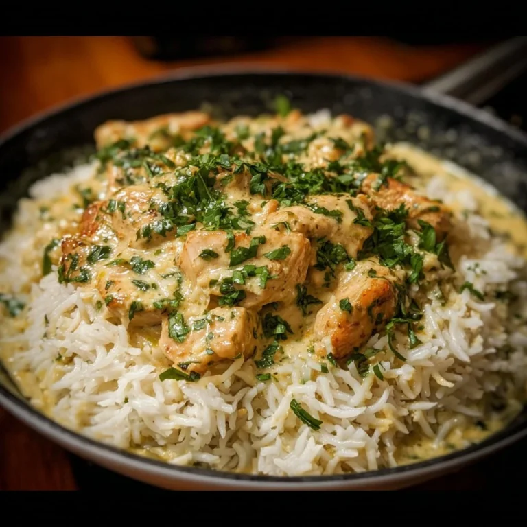 Creamy herb chicken served on a plate with basmati rice