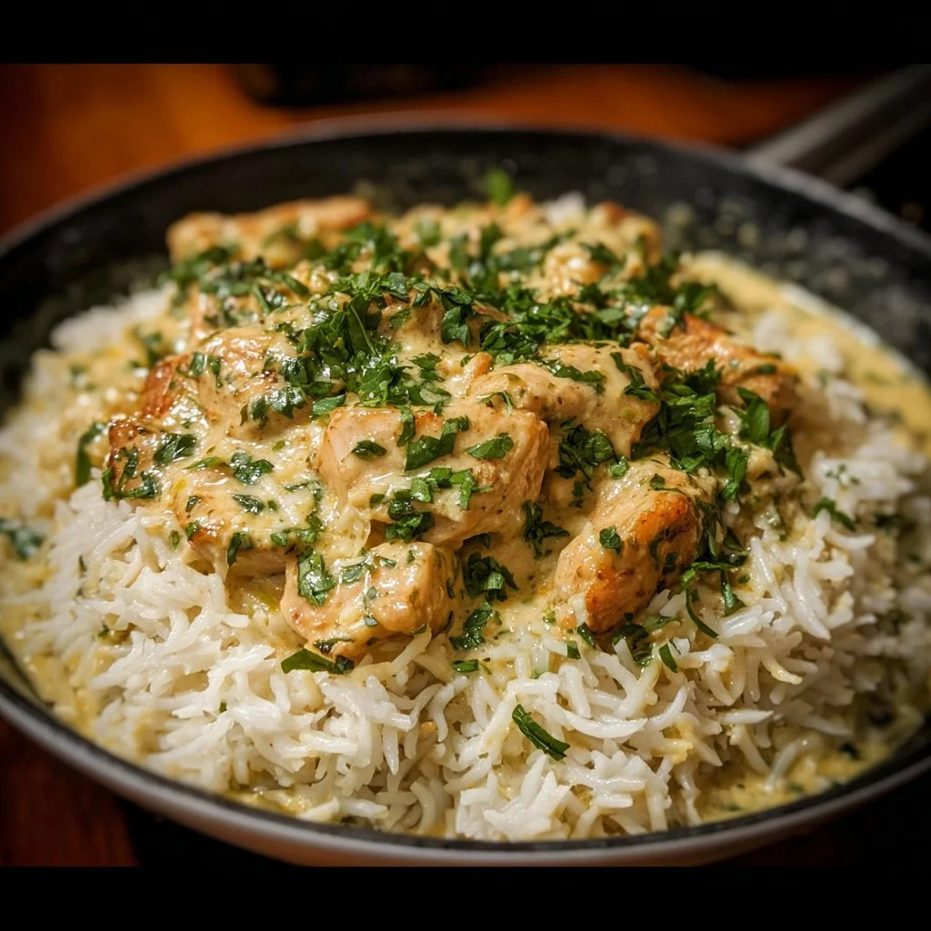 Creamy herb chicken served on a plate with basmati rice