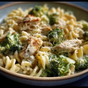 Creamy rotisserie chicken broccoli pasta dish with fresh ingredients