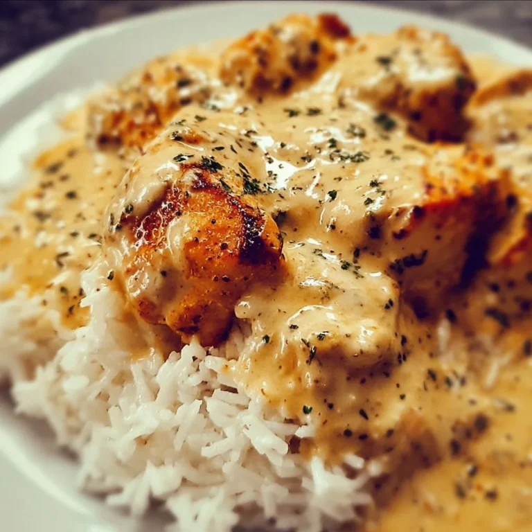 Creamy smothered chicken served over fluffy rice, a comforting family meal.
