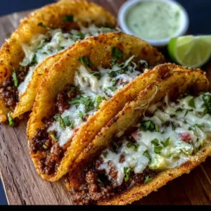 Crispy ground beef tacos garnished with fresh toppings