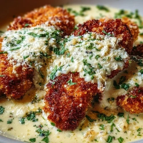 Crispy Parmesan Chicken topped with Garlic Cream Sauce served on a plate