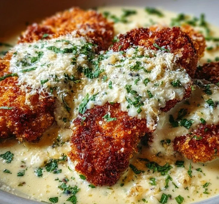Crispy Parmesan Chicken topped with Garlic Cream Sauce served on a plate