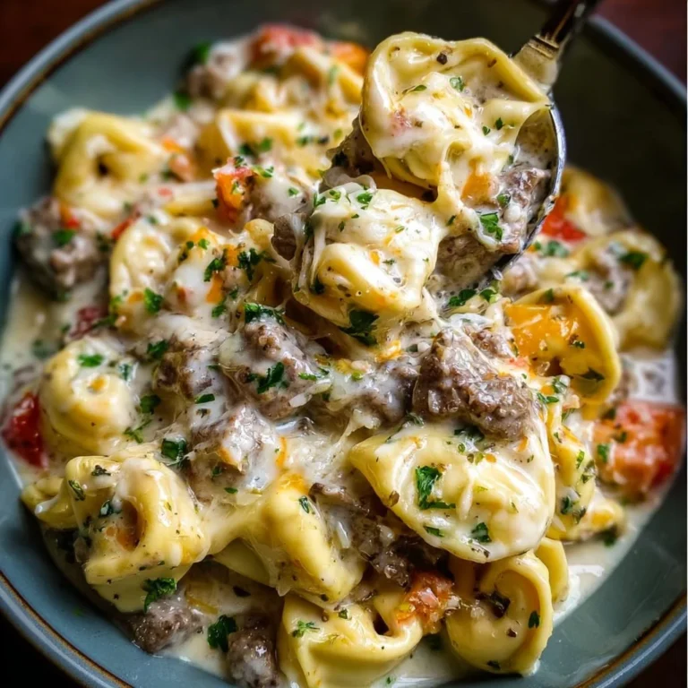Delicious Crock Pot Cheesesteak Tortellini served in a bowl