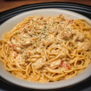 Crock Pot Cheesy Chicken Spaghetti topped with melted cheese and herbs