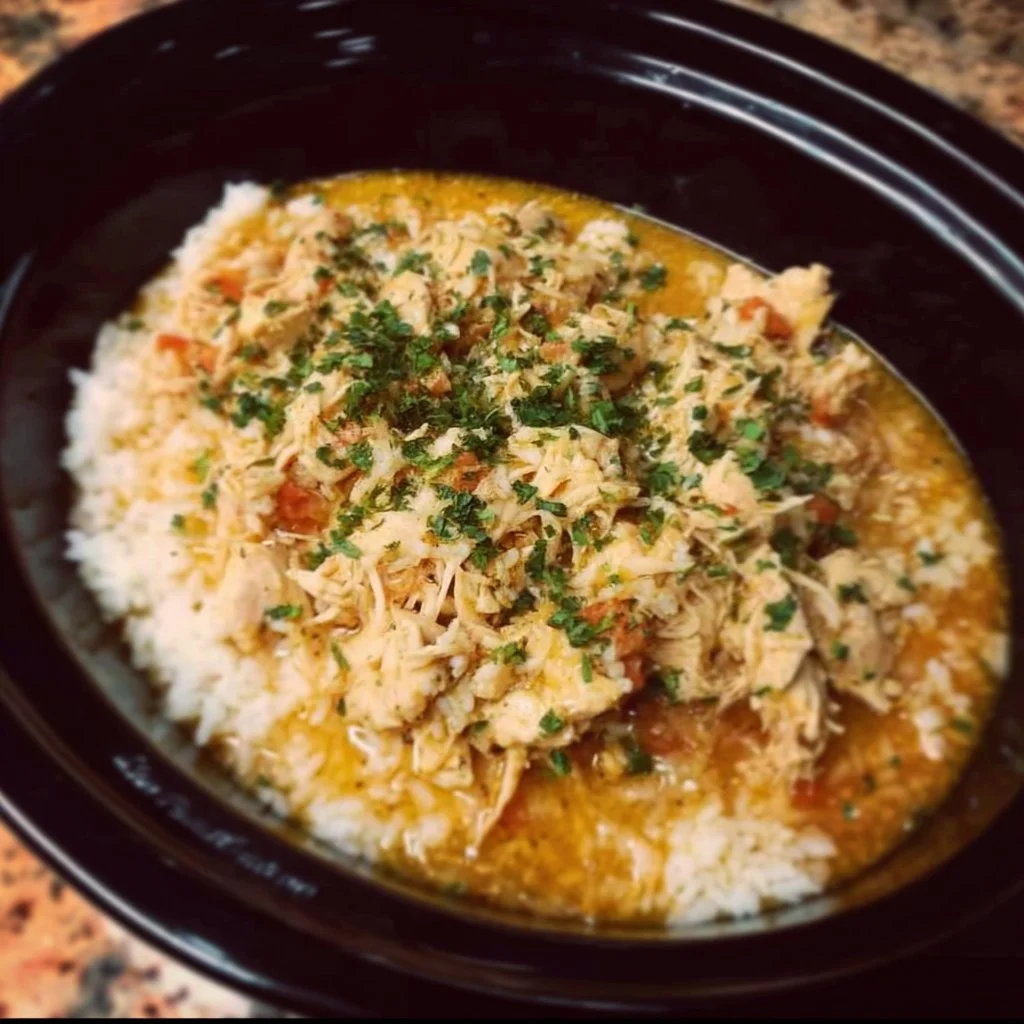 Delicious crock pot chicken and rice dish served in a bowl
