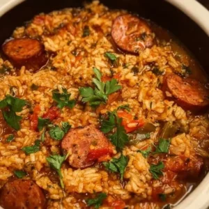 Delicious Crock Pot Jambalaya served with shrimp, sausage, and rice