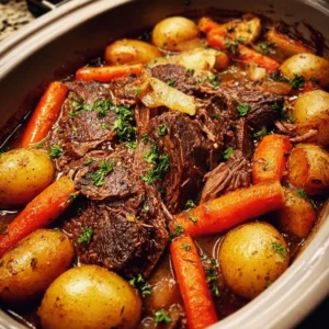 Delicious crock pot pot roast with vegetables and herbs in a slow cooker