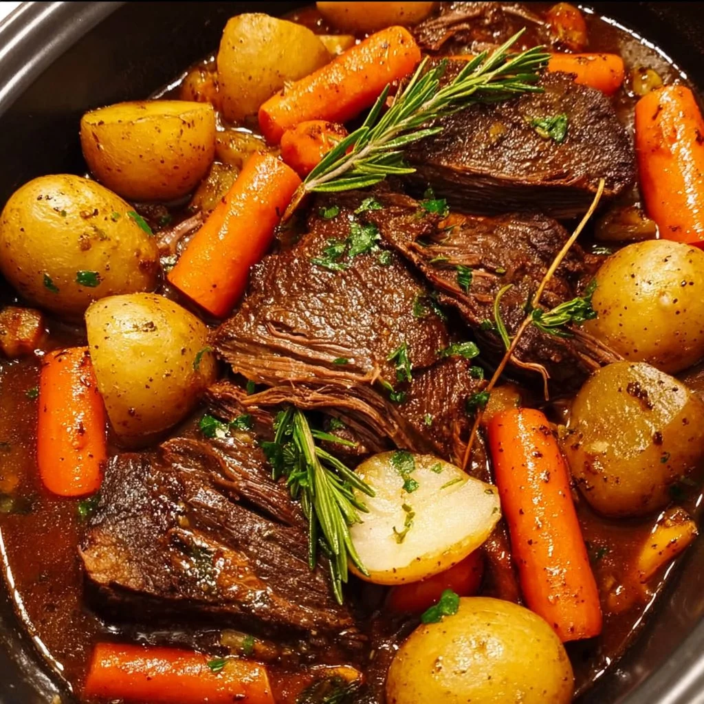 Delicious crock pot pot roast served with vegetables