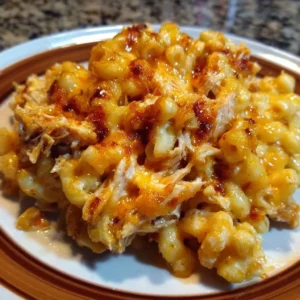 Crockpot BBQ Chicken Mac and Cheese topped with crispy bacon and green onions