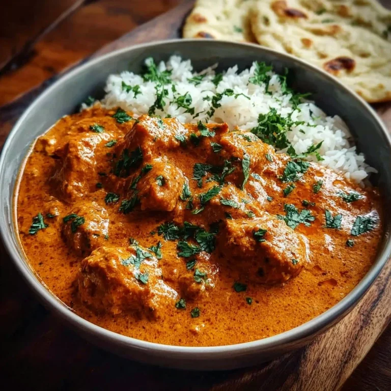 Delicious Crockpot Butter Chicken served with rice and garnished with cilantro.