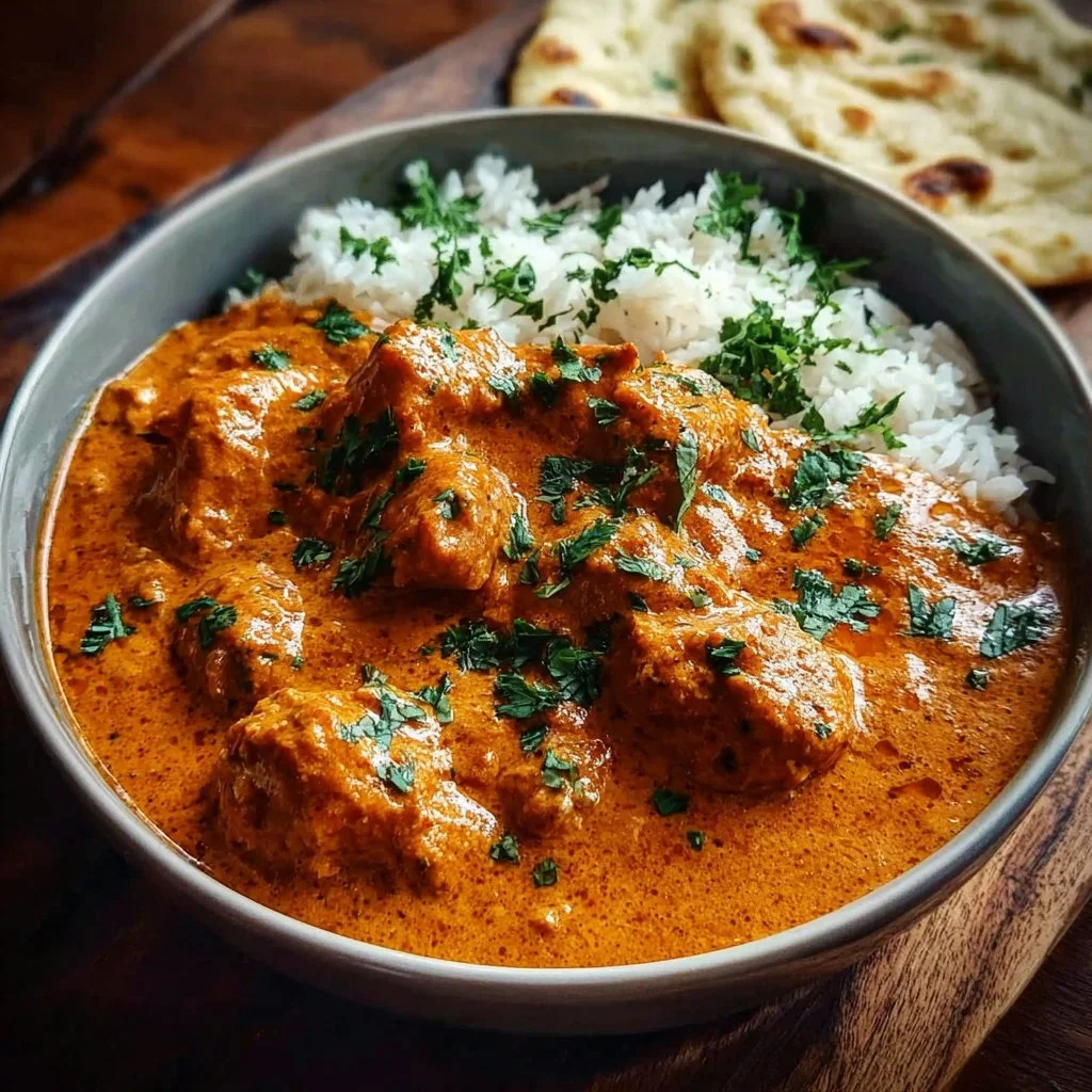 Delicious Crockpot Butter Chicken served with rice and garnished with cilantro.