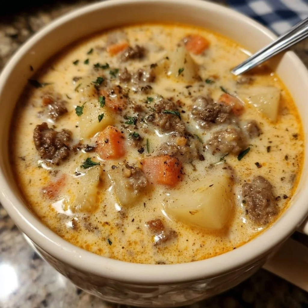 Crockpot Creamy Potato & Hamburger Soup - a delicious, hearty meal