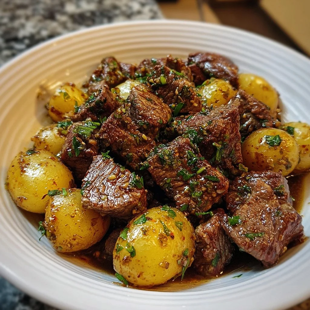 Crockpot garlic butter beef bites with potatoes ready to serve