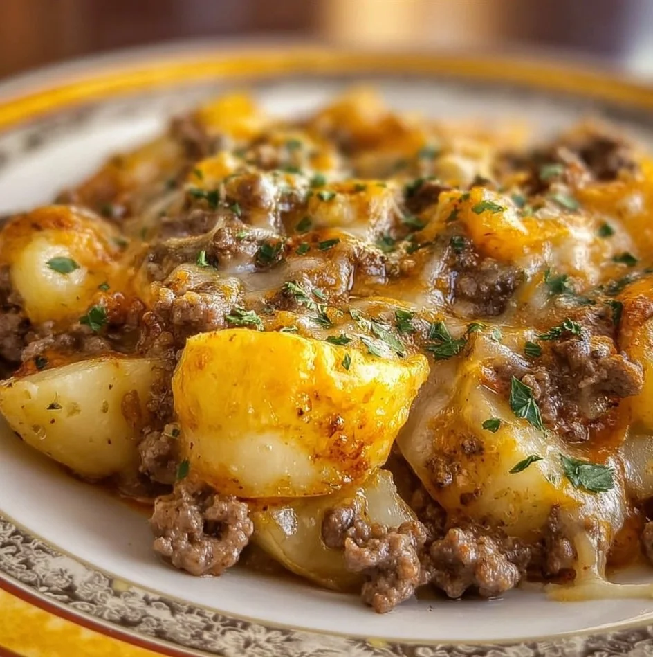 Crockpot Hamburger Potato Casserole served warm in a dish