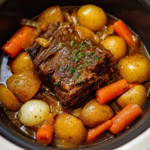 Crockpot pot roast served with vegetables in a warming bowl.